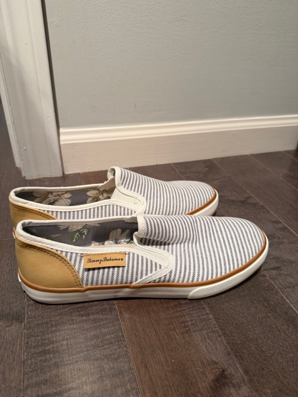 Tommy Bahama Women’s Navy & White Striped Slip-On Loafers with Tan Accents
